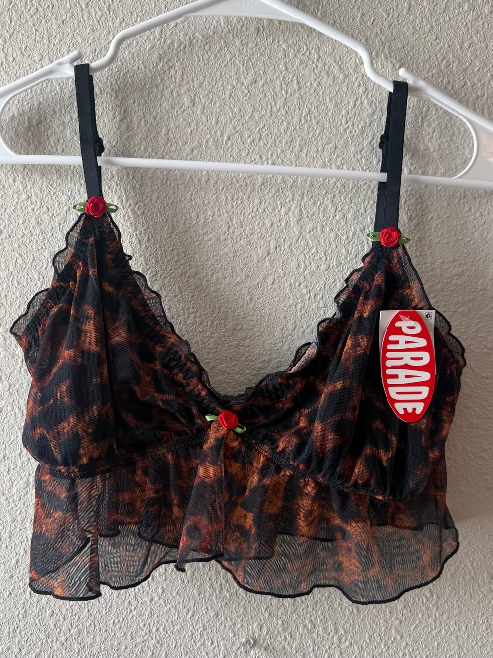 Parade Black & Rust Sheer Leopard Ruffle Bralette with Rose Accents